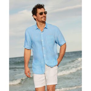 Tommy Bahama Men's Paradise Breezer Short Sleeve Linen Camp Shirt - Glass Bead Blue*