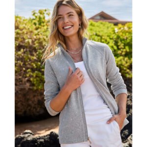 Tommy Bahama Women's Aruba Pearl Embellished Full Zip Sweatshirt - Fossil Grey Heather