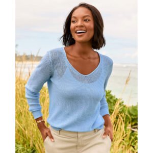Tommy Bahama Women's Cedar Linen Long Sleeve V-Neck Linen Sweater - Chambray Blue